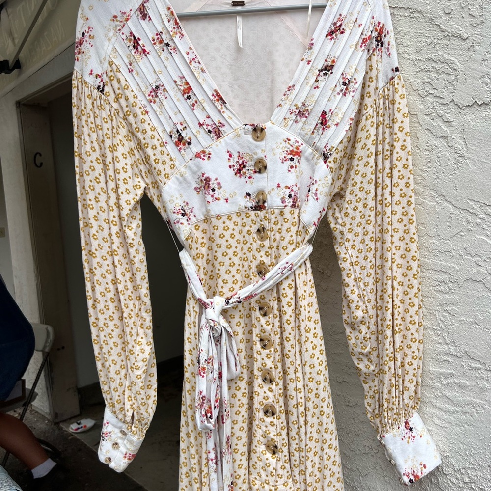 Free People Floral Long Sleeve Dress - Yellow and White
